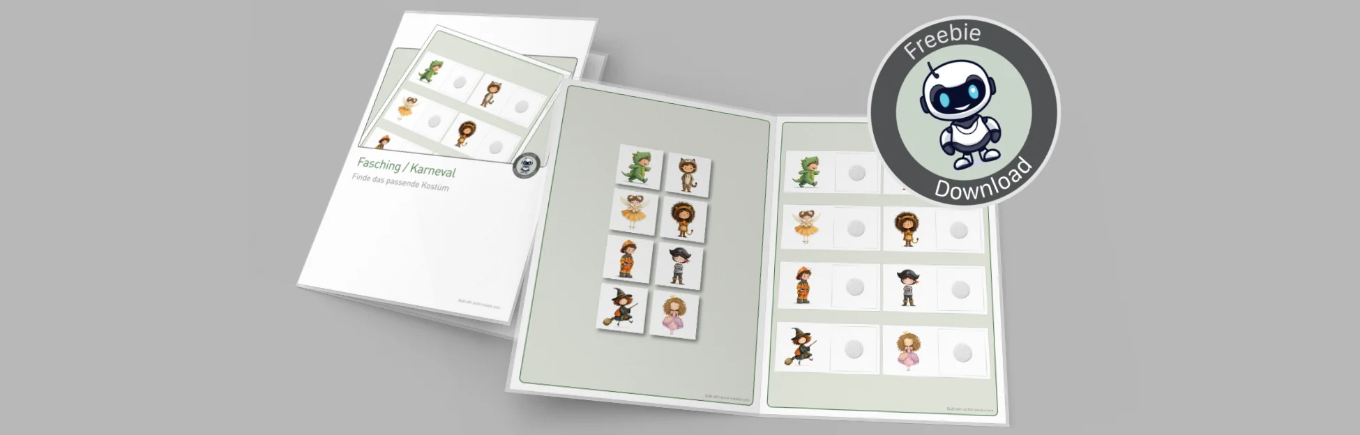 Drei Beispielmappen nebeneinander aufgereiht: Ostereier sortieren, Geometrische Formen kombinieren, Groß oder klein?