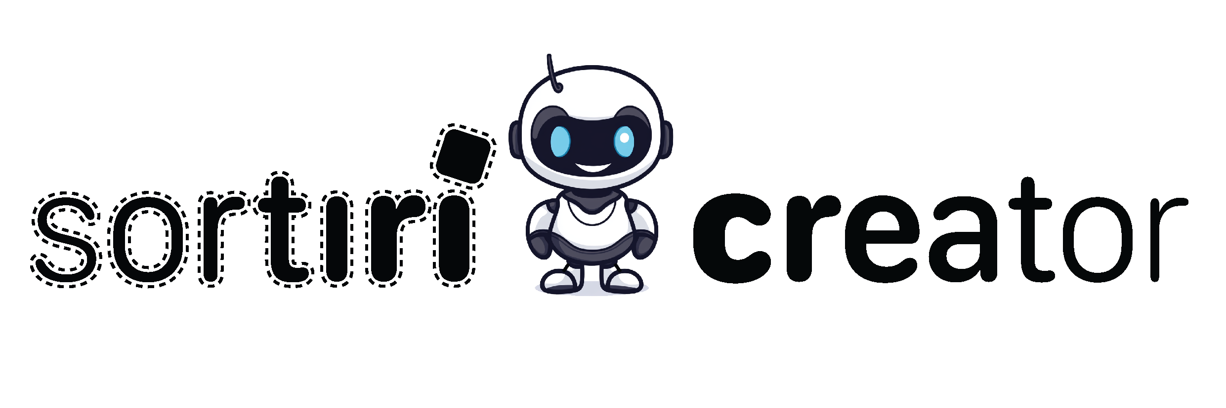Ein Roboter der zwischen dem Schriftzug 'sortiri creator' steht.