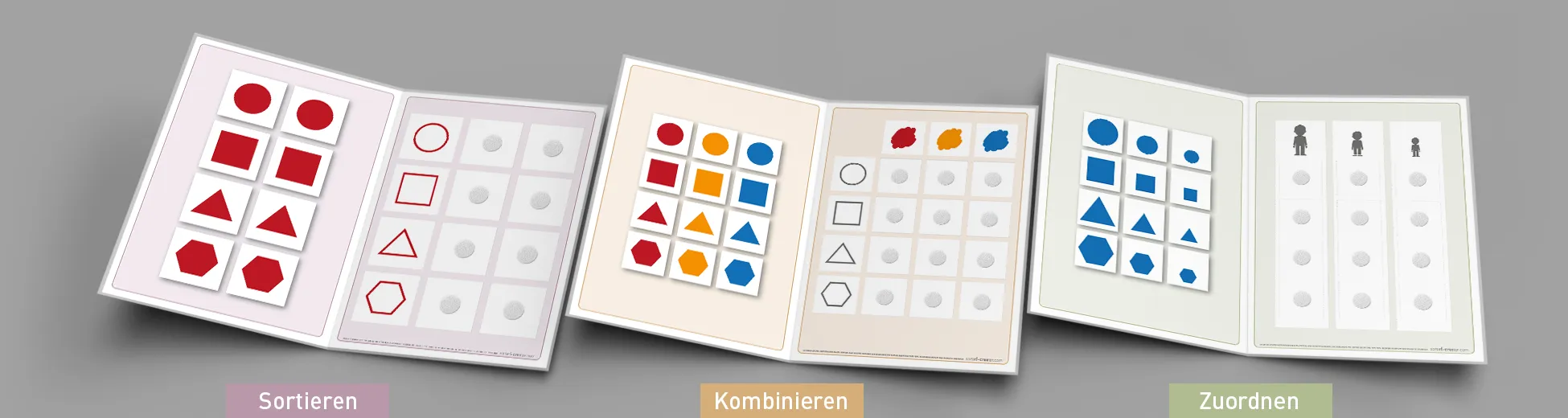 Drei Beispielmappen aus verschiedenen Kategorien aufgereiht.